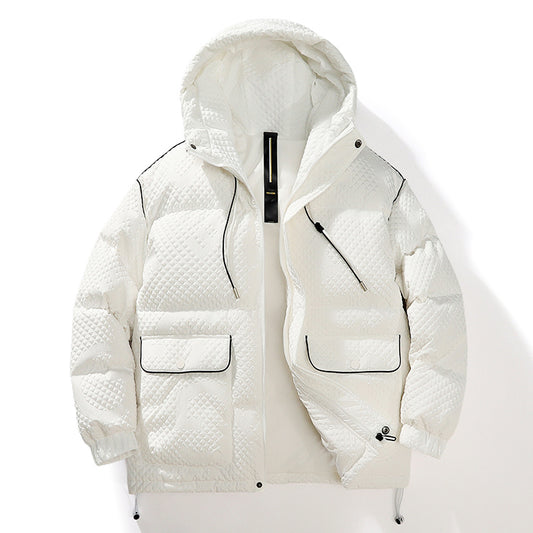 Stilvolle Elfenbeinfarbene Kapuzen-Pufferjacke mit aufgesetzten Taschen