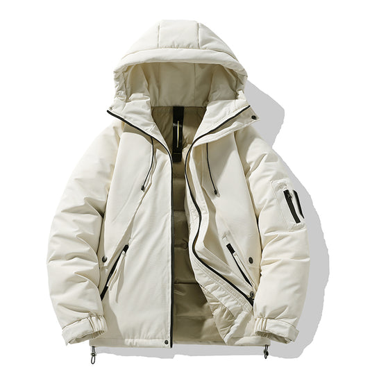 Minimalistische Cremefarbene Kapuzen-Pufferjacke mit Utility-Tasche