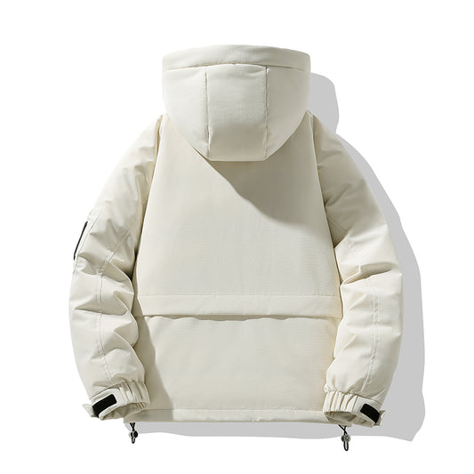 Minimalistische Cremefarbene Kapuzen-Pufferjacke mit Utility-Tasche