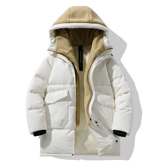 Winterweiße Kapuzen-Pufferjacke mit Sherpa-Detail