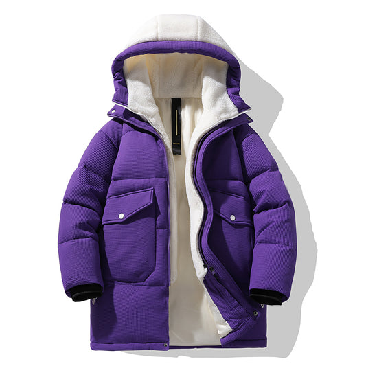 Winterweiße Kapuzen-Pufferjacke mit Sherpa-Detail