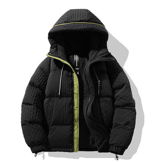 Markante Schwarze Kapuzen-Pufferjacke mit Neonrand