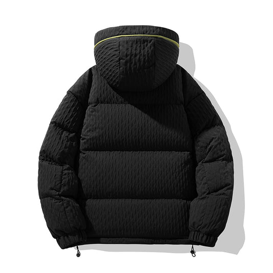 Markante Schwarze Kapuzen-Pufferjacke mit Neonrand