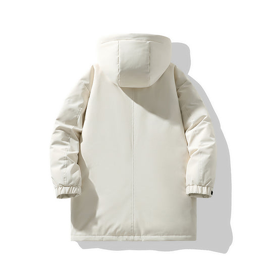 Moderne Cremefarbene Kapuzenparka mit Schwarzen Akzenten