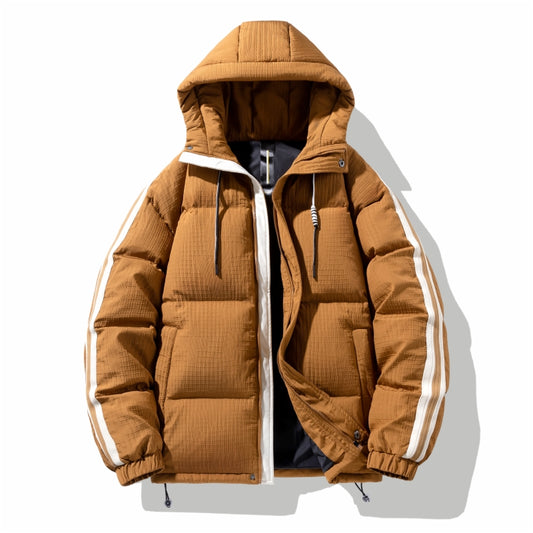 Unisex Modische Hellbraune Kapuzen-Pufferjacke mit Streifendetail