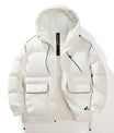 Stilvolle Elfenbeinfarbene Kapuzen-Pufferjacke mit aufgesetzten Taschen