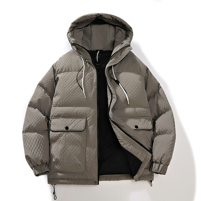 Stilvolle Elfenbeinfarbene Kapuzen-Pufferjacke mit aufgesetzten Taschen