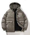 Stilvolle Elfenbeinfarbene Kapuzen-Pufferjacke mit aufgesetzten Taschen