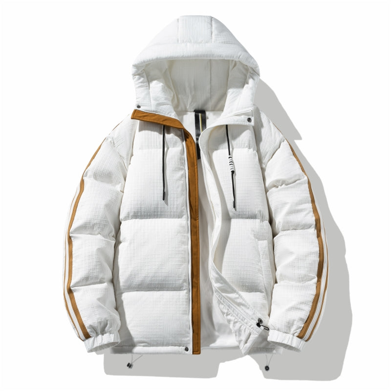 Unisex Modische Hellbraune Kapuzen-Pufferjacke mit Streifendetail