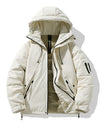 Minimalistische Cremefarbene Kapuzen-Pufferjacke mit Utility-Tasche