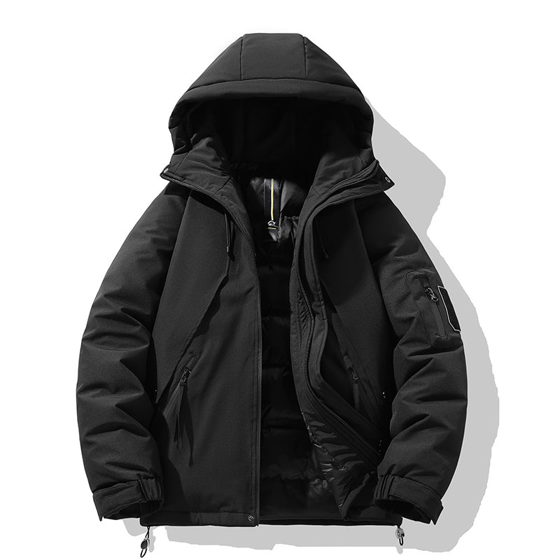 Minimalistische Cremefarbene Kapuzen-Pufferjacke mit Utility-Tasche