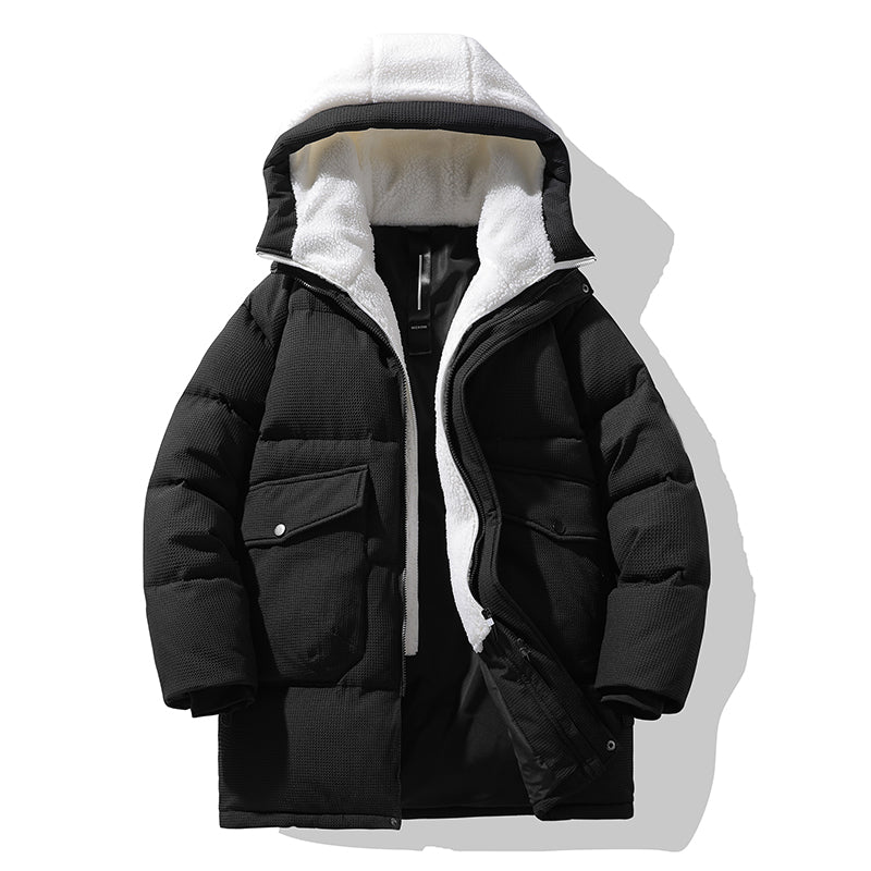 Winterweiße Kapuzen-Pufferjacke mit Sherpa-Detail