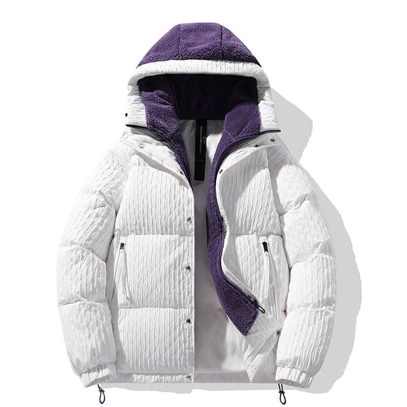 Zeitgenössische Weiße und Lila Kapuzen-Pufferjacke