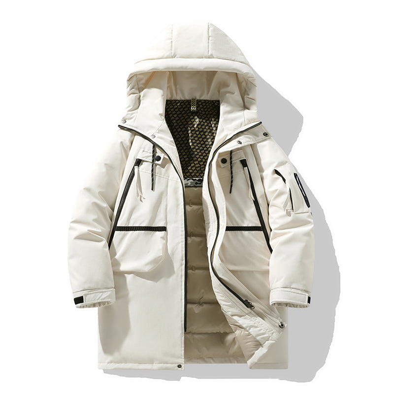 Moderne Cremefarbene Kapuzenparka mit Schwarzen Akzenten