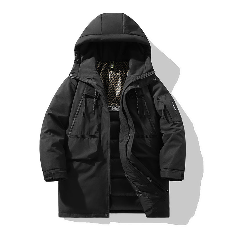 Moderne Cremefarbene Kapuzenparka mit Schwarzen Akzenten
