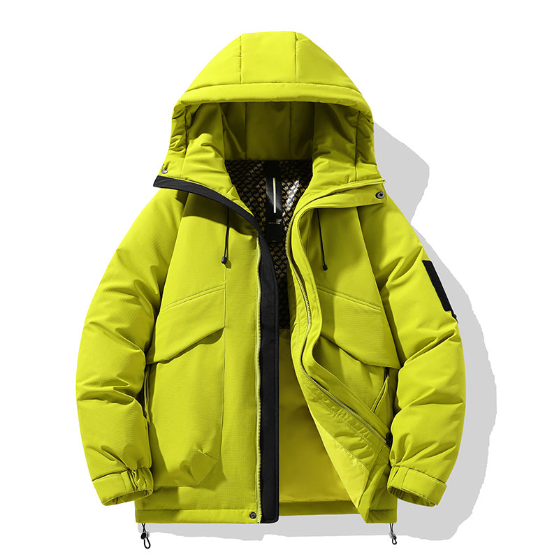 Leuchtend Gelbe Kapuzen-Pufferjacke mit Kontrastreißverschluss